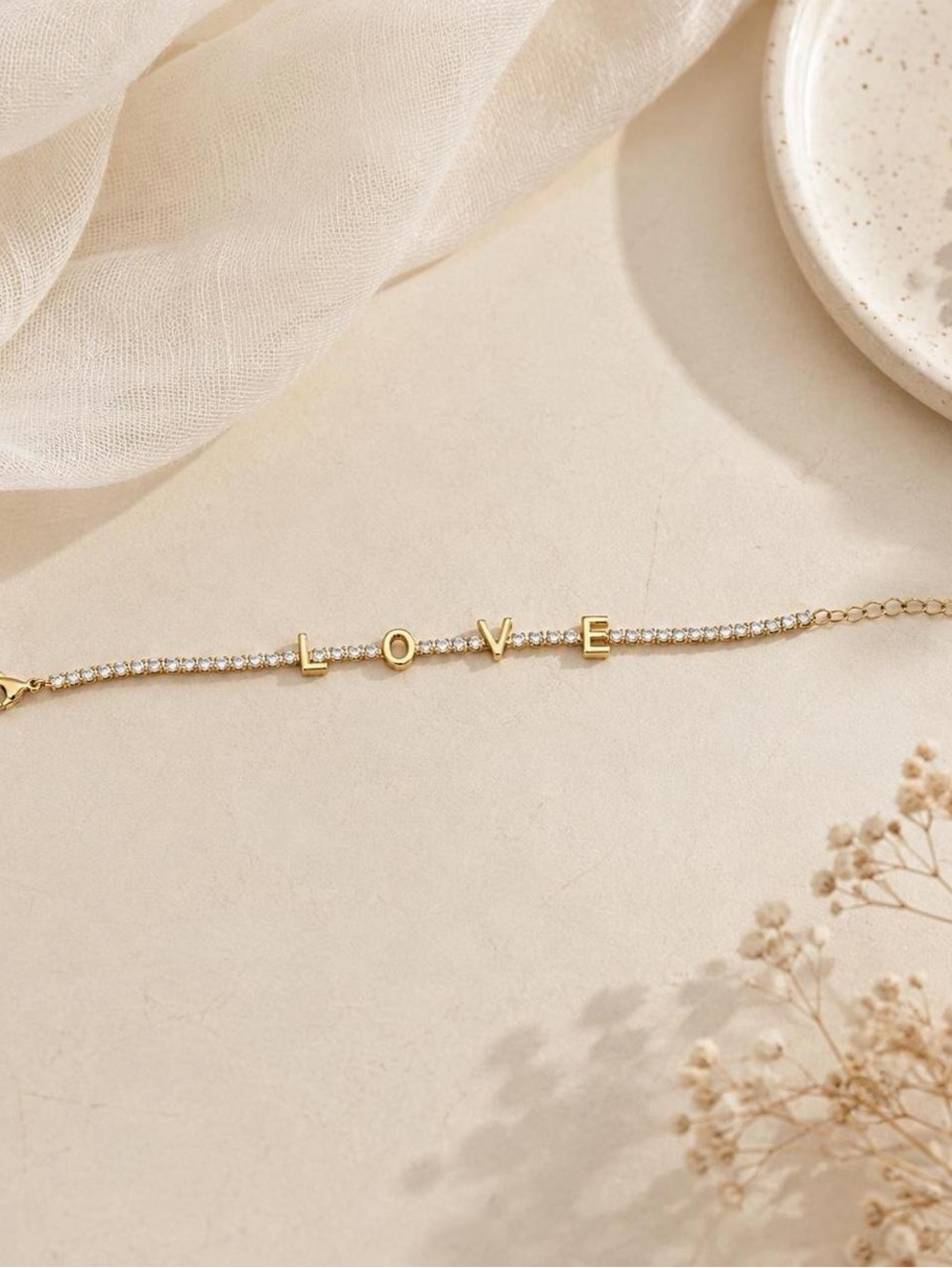 Gold LOVE Rhinestone Tennis Bracelet Adjustable